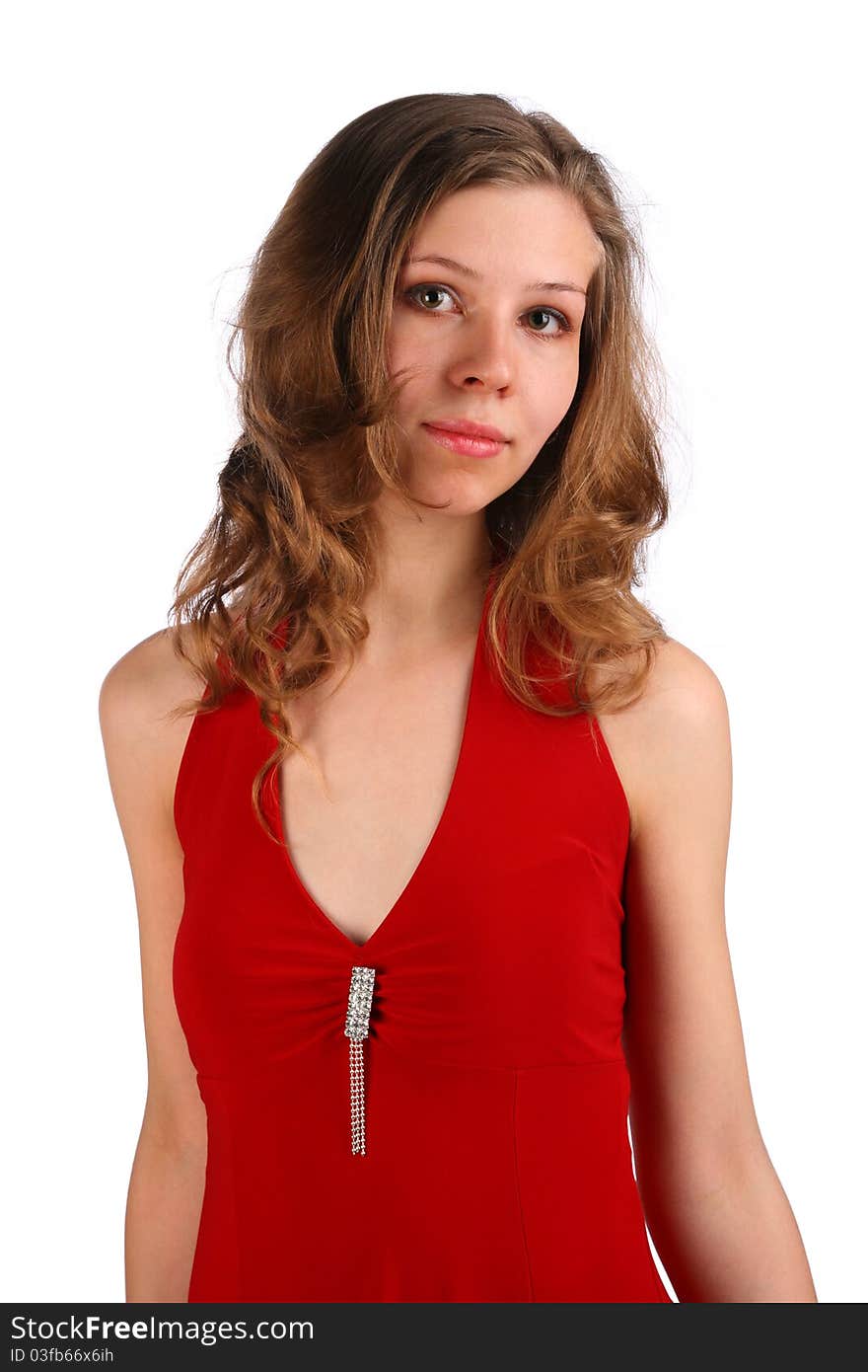 Girl in red dress posing. Isolated on white.