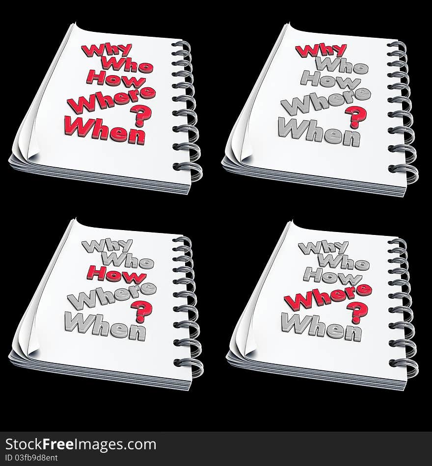 Note book with red and gray letters, set of four, made in 3D sofware. Note book with red and gray letters, set of four, made in 3D sofware.