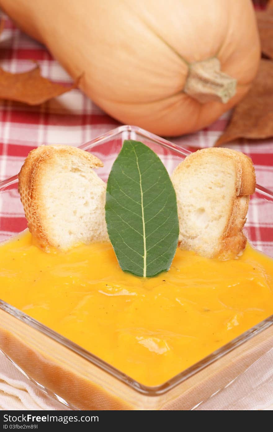 Cream of squash soup in a squared glass plate with toasted bread and a bay leaf. Pumpkin out of focus in the background.