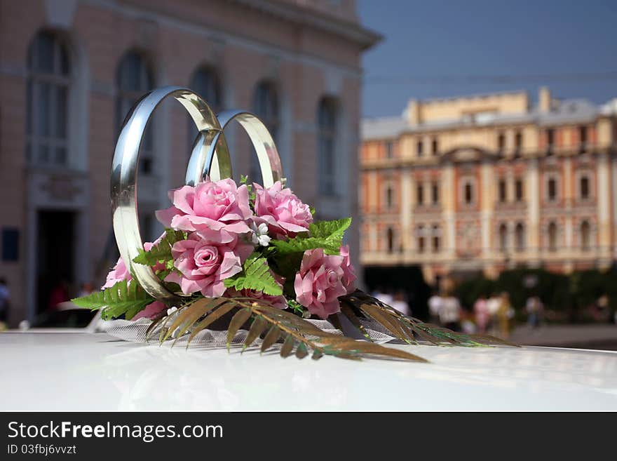 Wedding rings on the roof of the limousine. Wedding rings on the roof of the limousine