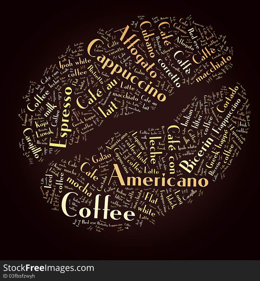 Coffee cup of words of the types of coffee