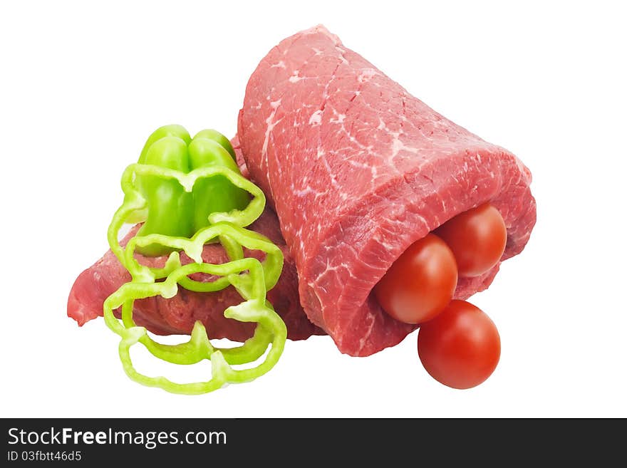 Raw beef, green pepper, tomatoes isolated on white. Raw beef, green pepper, tomatoes isolated on white