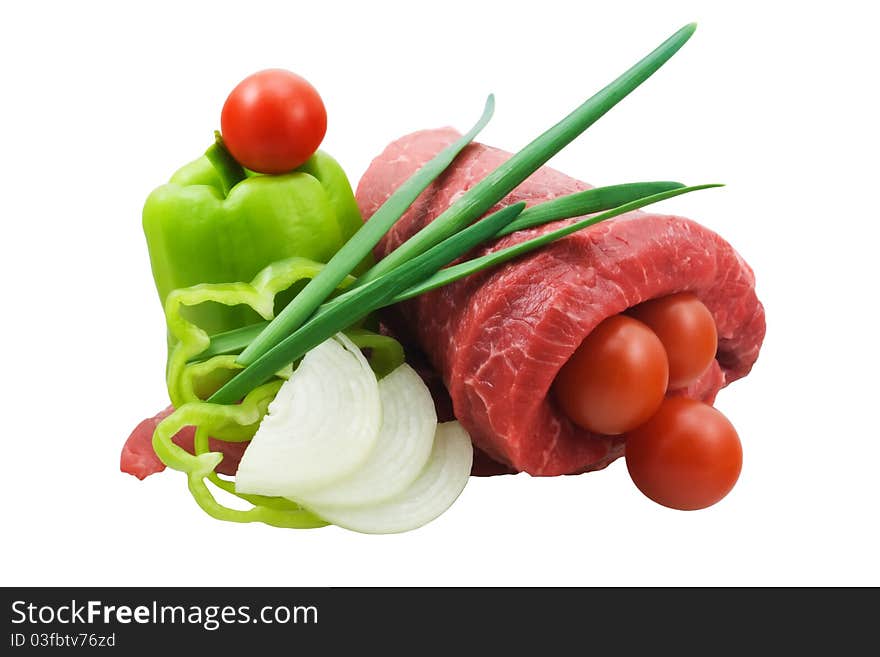 Raw beef, green pepper, tomatoes, onion and chive isolated on white. Raw beef, green pepper, tomatoes, onion and chive isolated on white