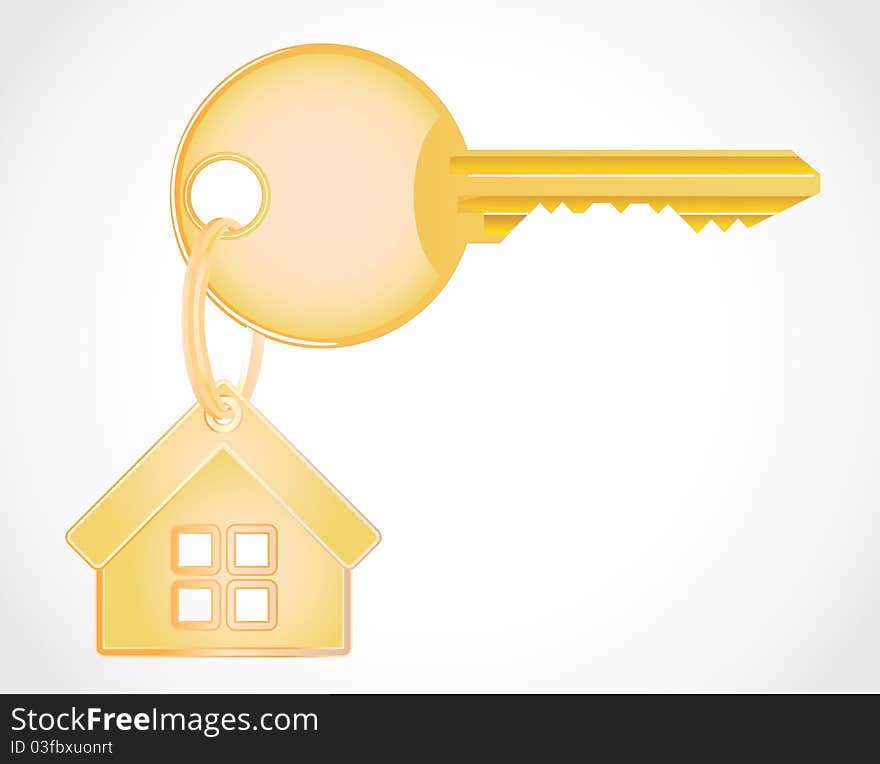 Isolated metallic gold key from house - detailed realistic illustration