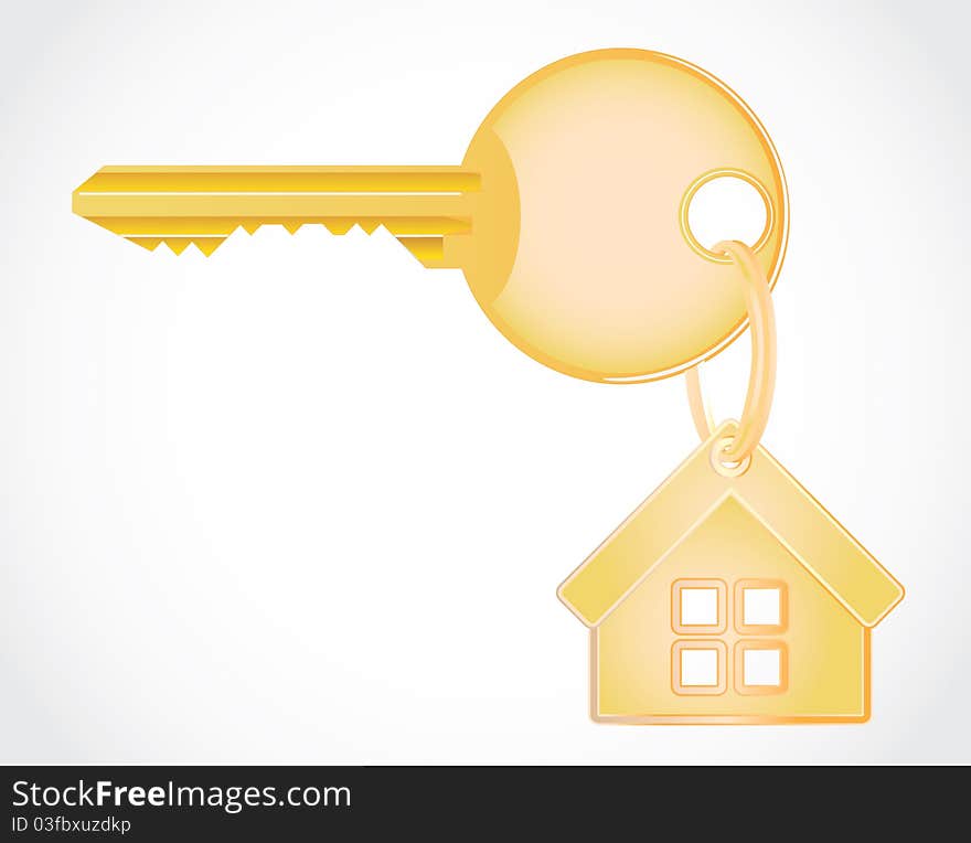 Isolated metallic gold key from house - detailed realistic illustration