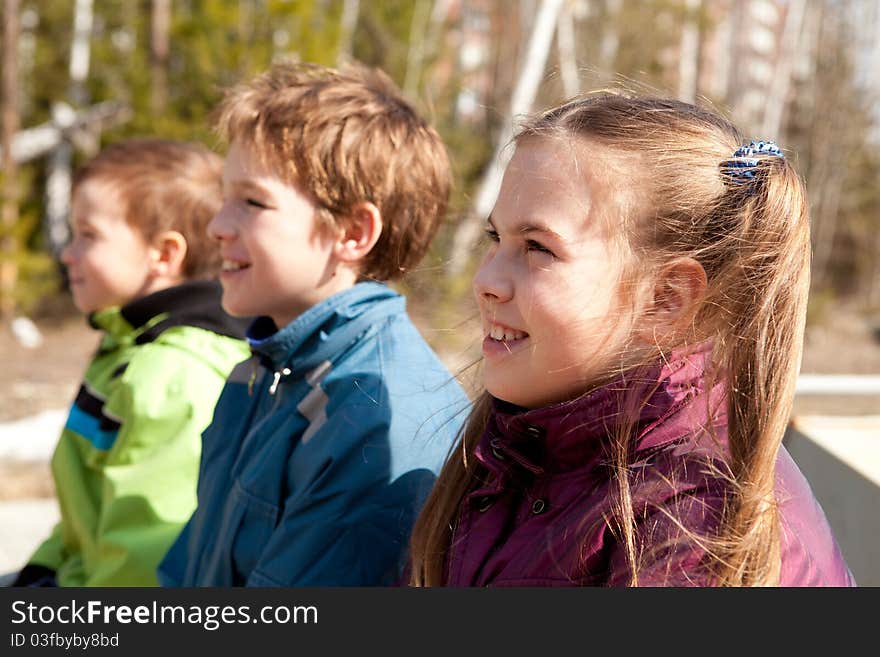 Three Children For  Walk Laugh