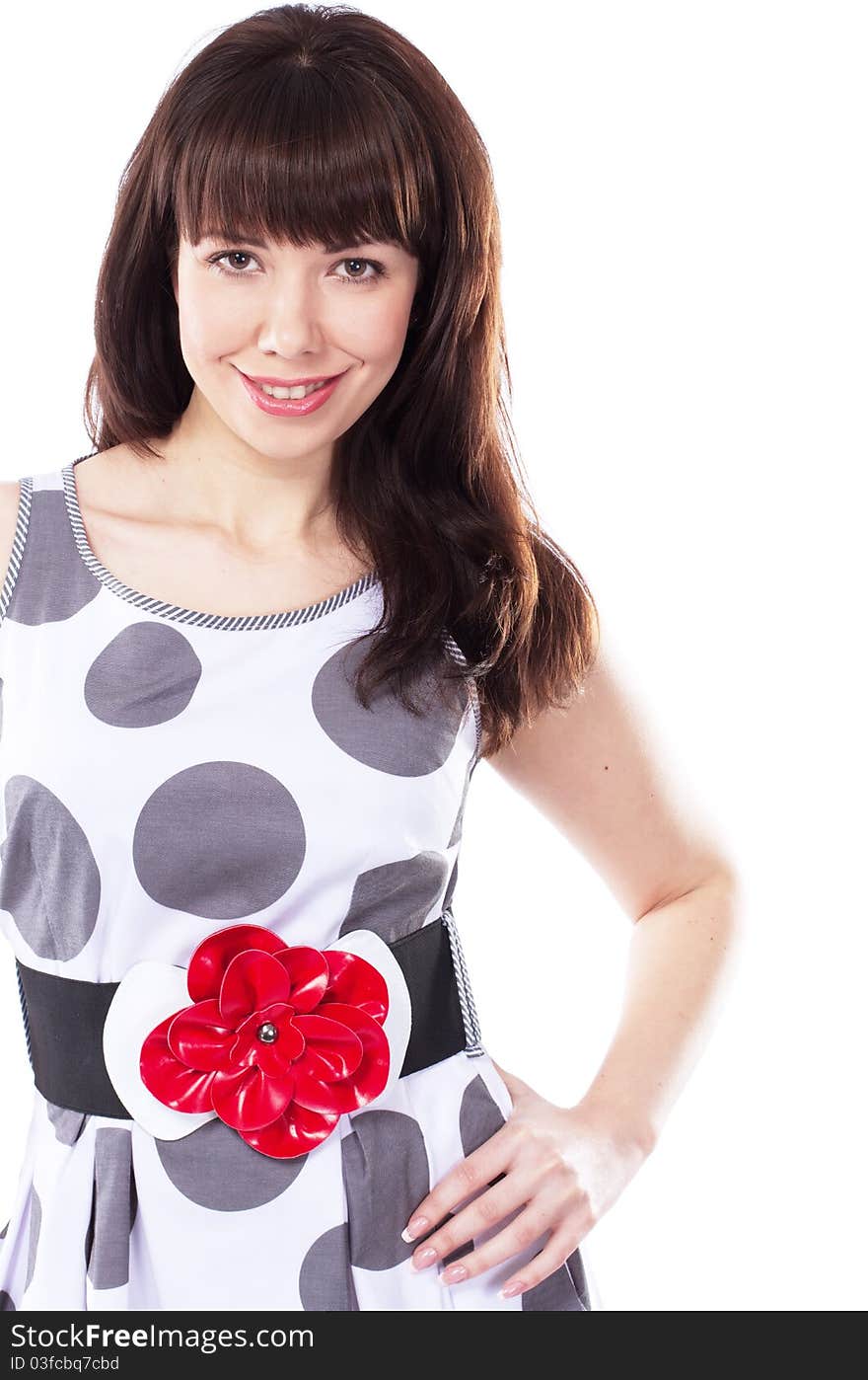 Playful cute woman in stylish dress, white background