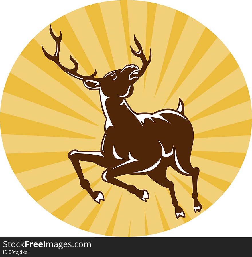 Stag Deer Jumping With Sunburst