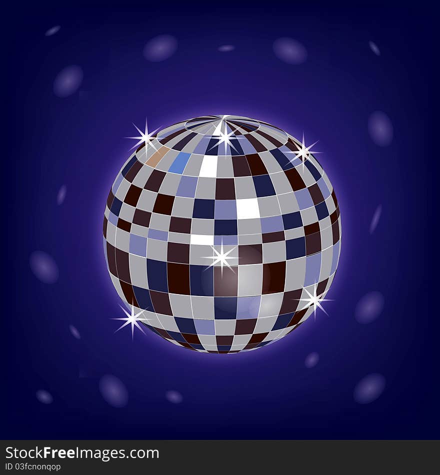 Luminous disco ball on turn blue background