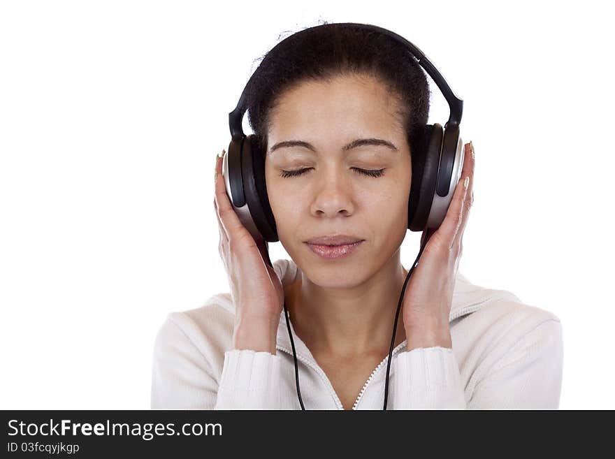 Portrait Of A Pretty Woman Listening Music Happily