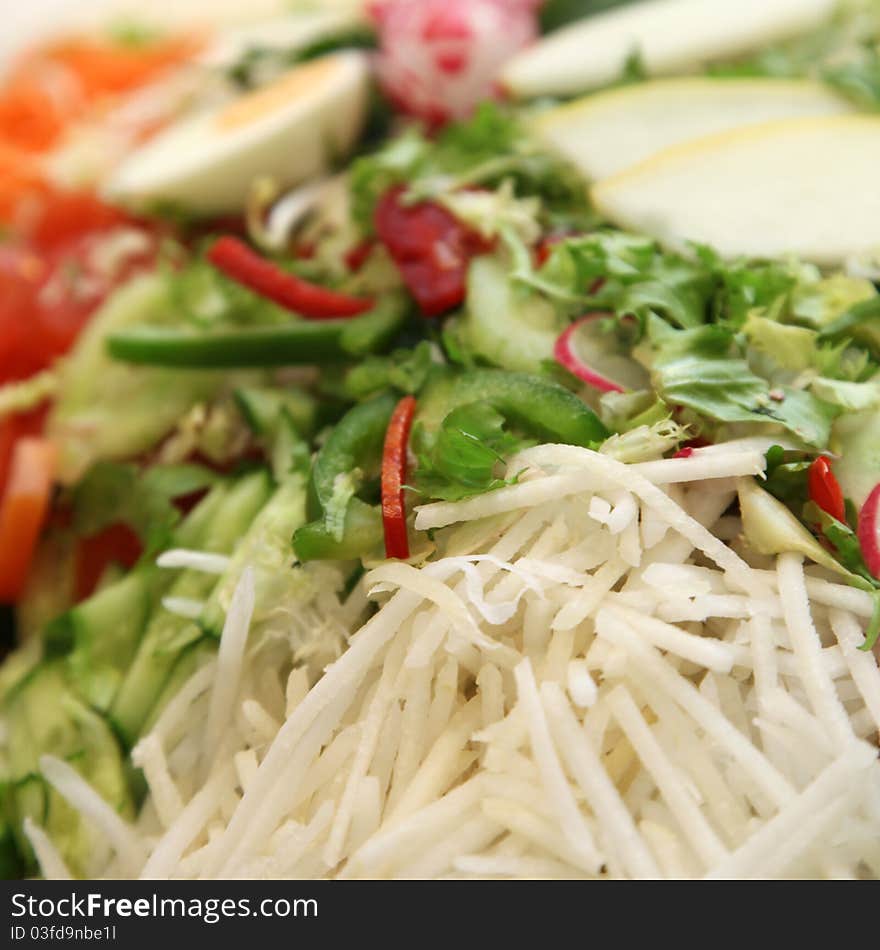 Fresh salads with different ingredients - Square - Close-up - copyspace. Fresh salads with different ingredients - Square - Close-up - copyspace