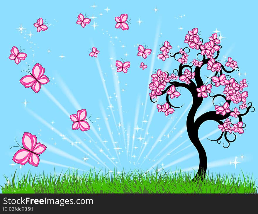 Fairy meadow with tree and butterflies. Fairy meadow with tree and butterflies