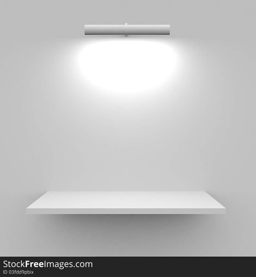 Empty white shelf with lamp. 3D render image.