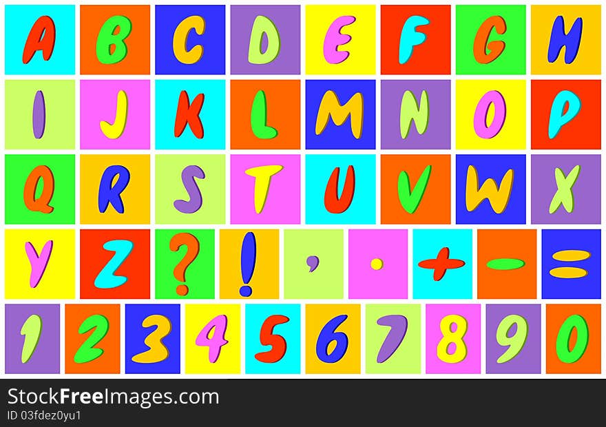 Multicolored letters of the English alphabet,set of figures and punctuation marks.They are located on multicolored squares. Multicolored letters of the English alphabet,set of figures and punctuation marks.They are located on multicolored squares.