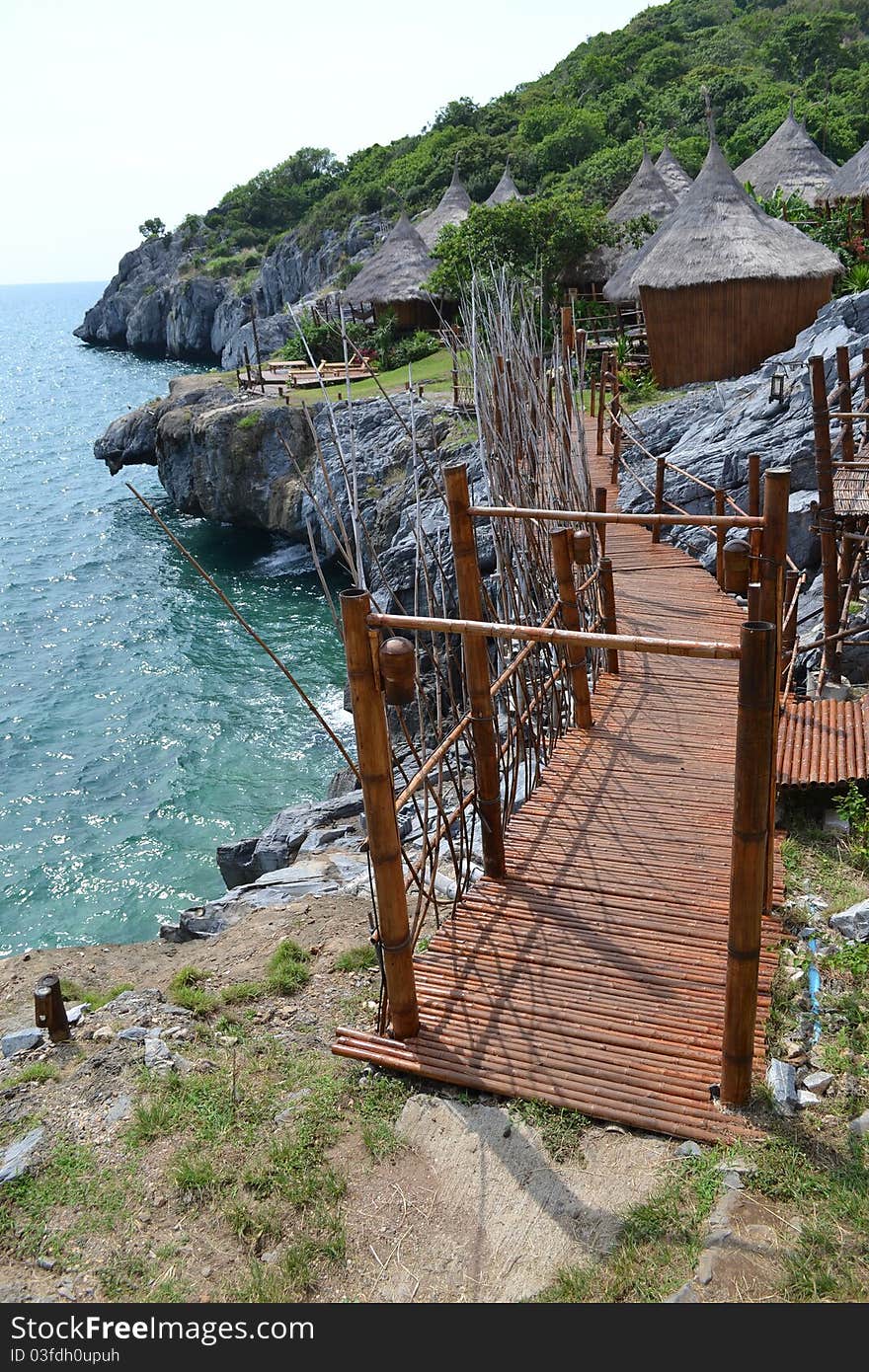 Wooden bamboo bridge over the rock. Wooden bamboo bridge over the rock