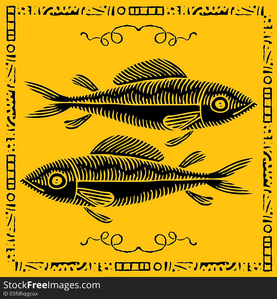 Fish pair woodcut