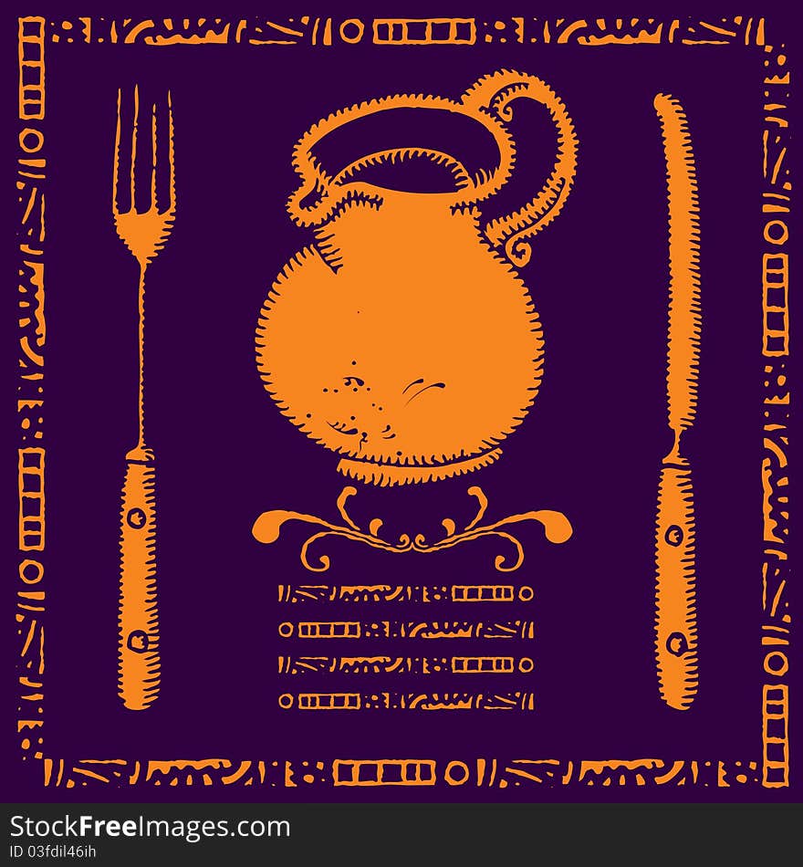 Golden jar menu illustration with fork and knife, text box on violet