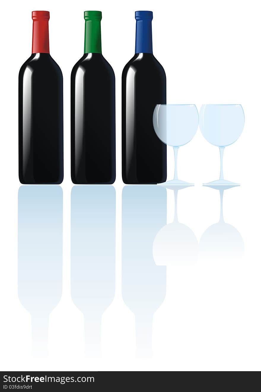 Three black wine bottles with glasses, isolated on white. Three black wine bottles with glasses, isolated on white