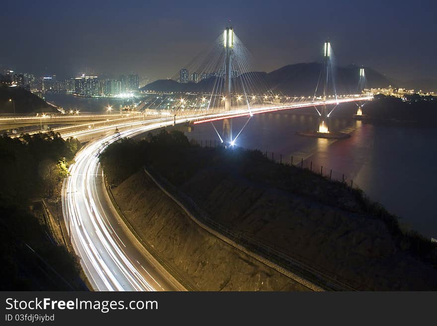 Ting Kau Bridge in Hong Kong at night.