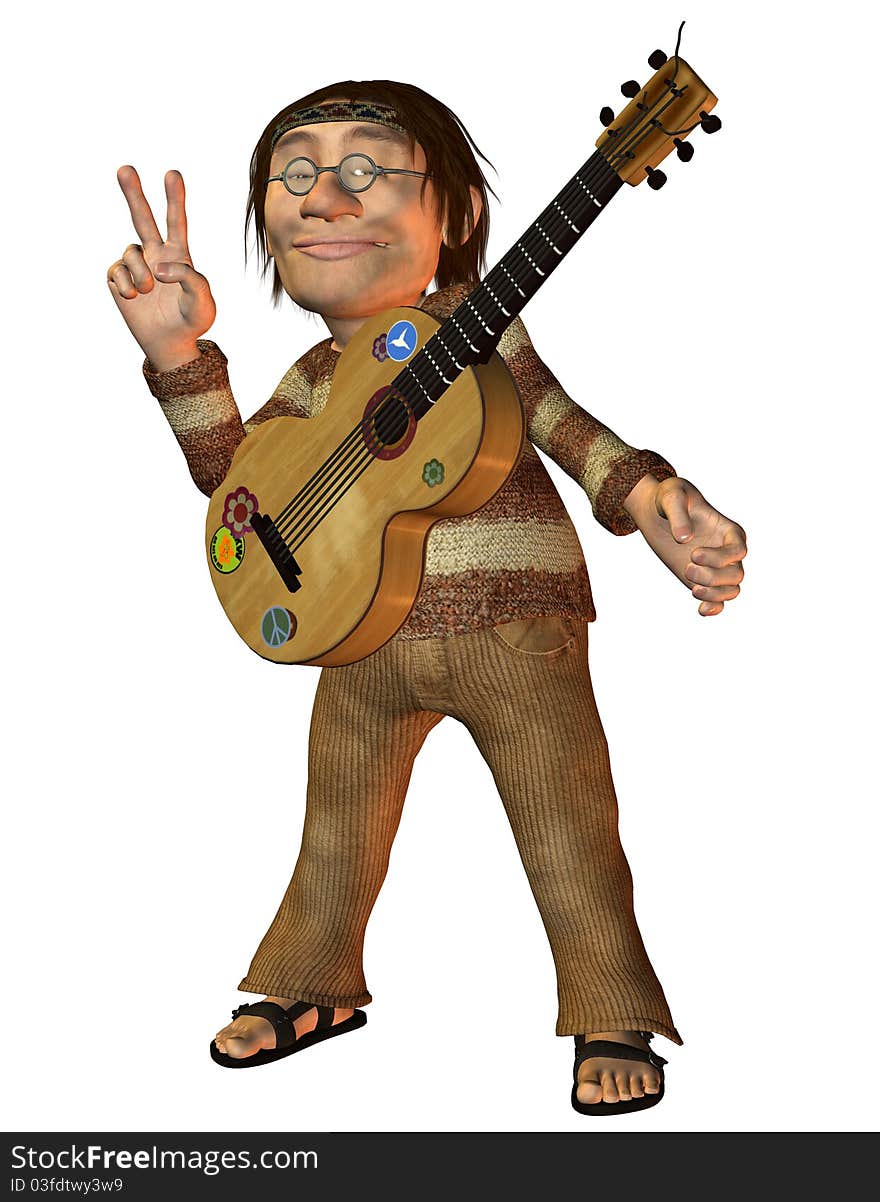 3D Rendering Man with a guitar and Peace Message