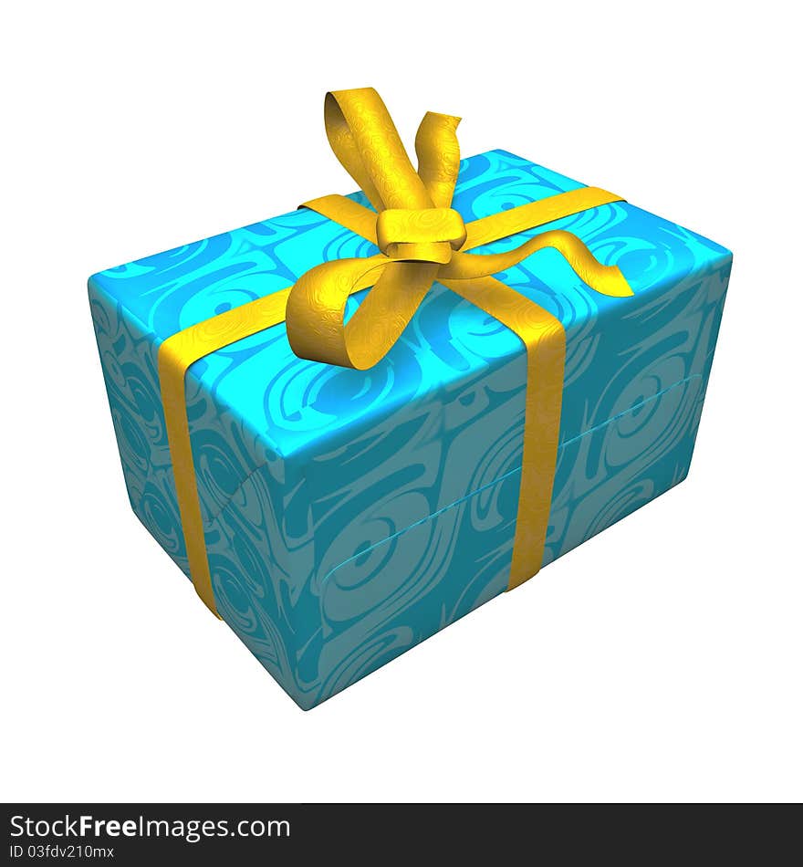 Blue gift box over white background. Golden bow and ribbon. Isolated.