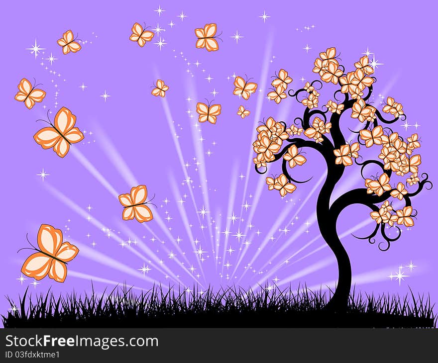 Fairy meadow with tree and butterflies. Fairy meadow with tree and butterflies