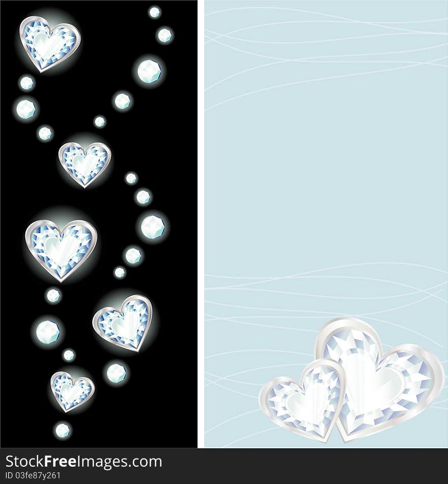 Gray and black vertical card with diamond hearts. Gray and black vertical card with diamond hearts