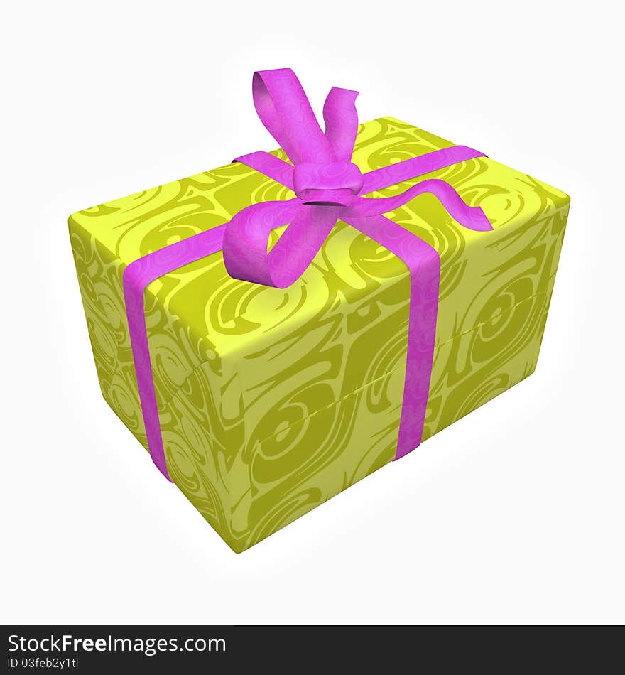 Yellow gift box over white background. Violet bow and ribbon. Isolated.