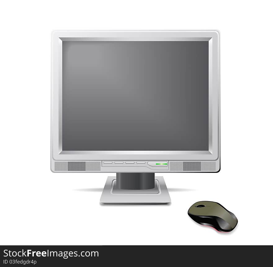 Grey monitor and mouse are shown in the picture. Grey monitor and mouse are shown in the picture.