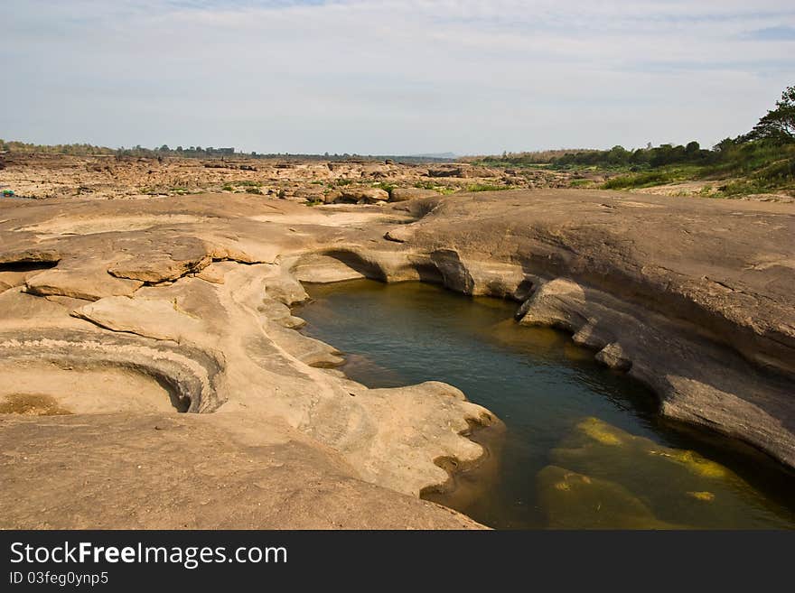 A lot of holes by current of water at river side mekhong river Thailand