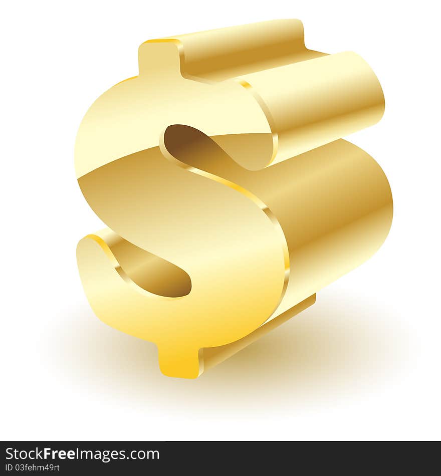 Illustration of gold sign is a dollar, on a white background.