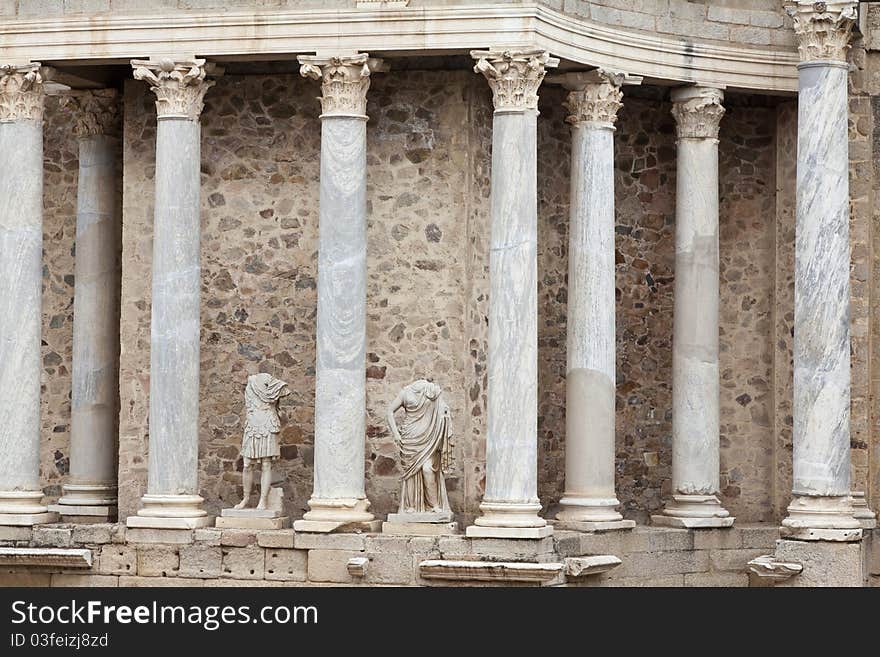 Columns and statues from the Roman amphitheater of Merida, Badajoz, Extremadura, Spain. Columns and statues from the Roman amphitheater of Merida, Badajoz, Extremadura, Spain