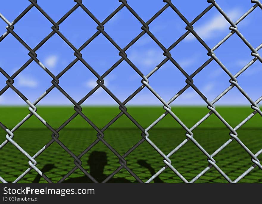 One man behind to a net who watches toward the horizon and hopes, one day, to be free (3d render). One man behind to a net who watches toward the horizon and hopes, one day, to be free (3d render)