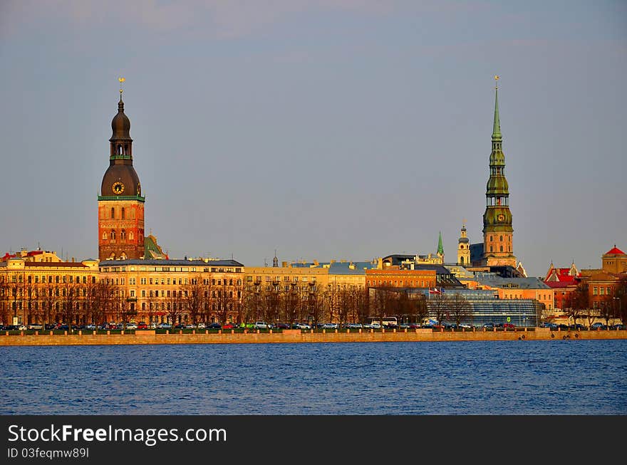 Riga old city tower and river