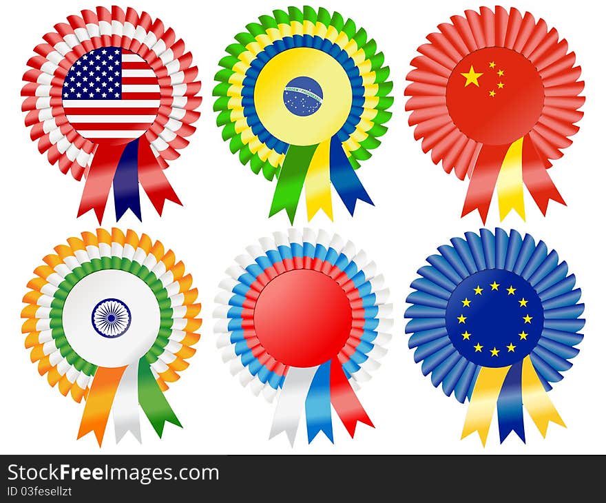 Rosettes to represent possible super powers of current time including USA, Brazil, Republic of China, India, Russian Federation and European Union. Rosettes to represent possible super powers of current time including USA, Brazil, Republic of China, India, Russian Federation and European Union