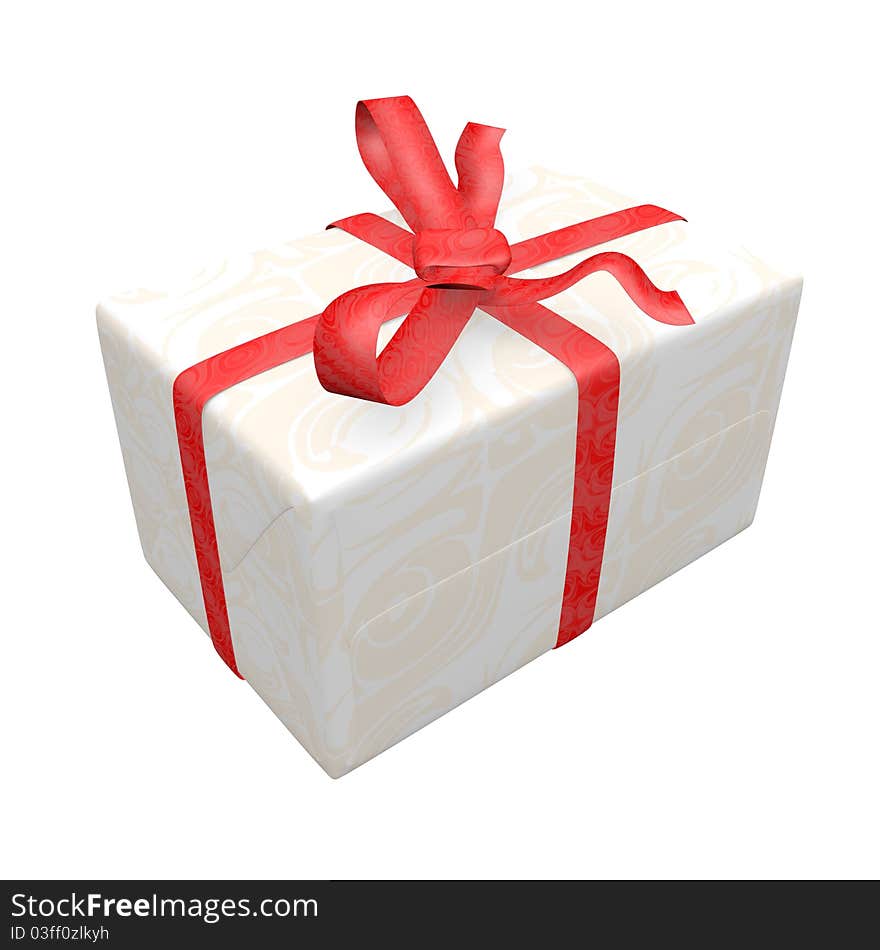 White gift box over white background. Red bow and ribbon. Isolated.