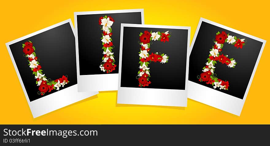 Word from flowers in photo frames, illustration