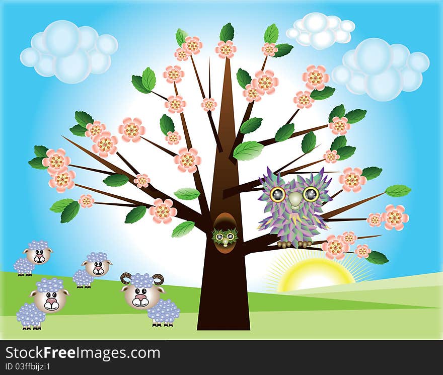 Tree ,owl and sheep