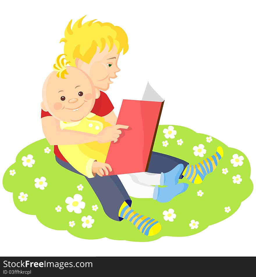 Two boys sitting on a green lawn with white flowers and read a book. Two boys sitting on a green lawn with white flowers and read a book