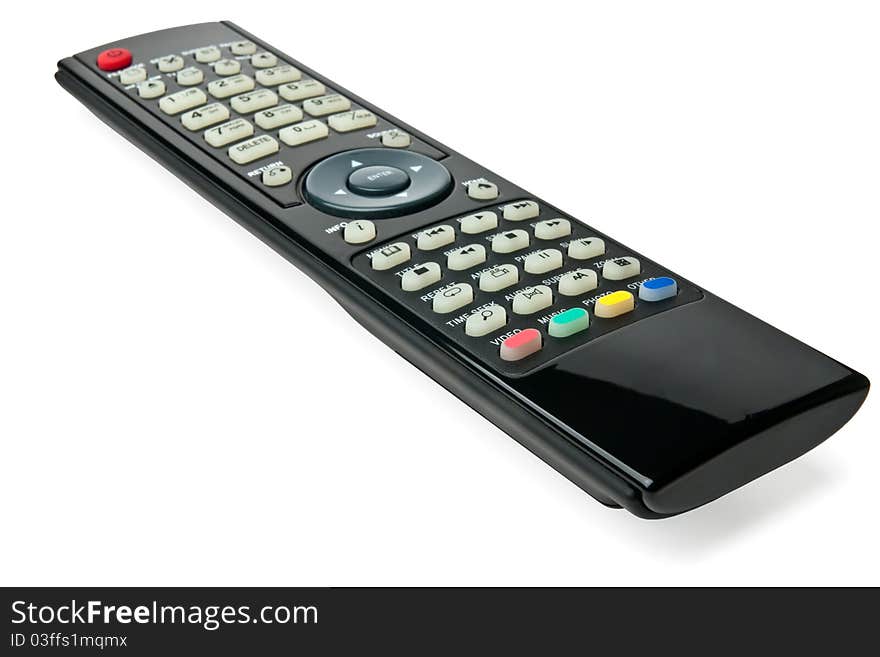 Isolated black remote control from behind on white background