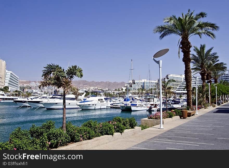 Docked yachts and boats in marina of Eilat, Israel