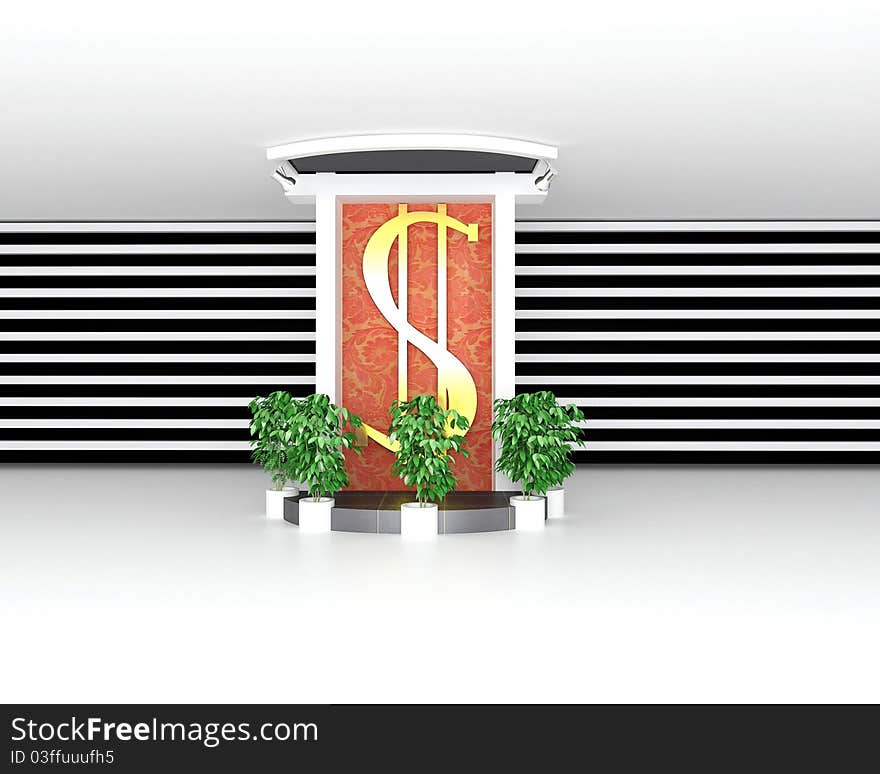 Design of hall with a stand with the image of sign of dollar. Design of hall with a stand with the image of sign of dollar.