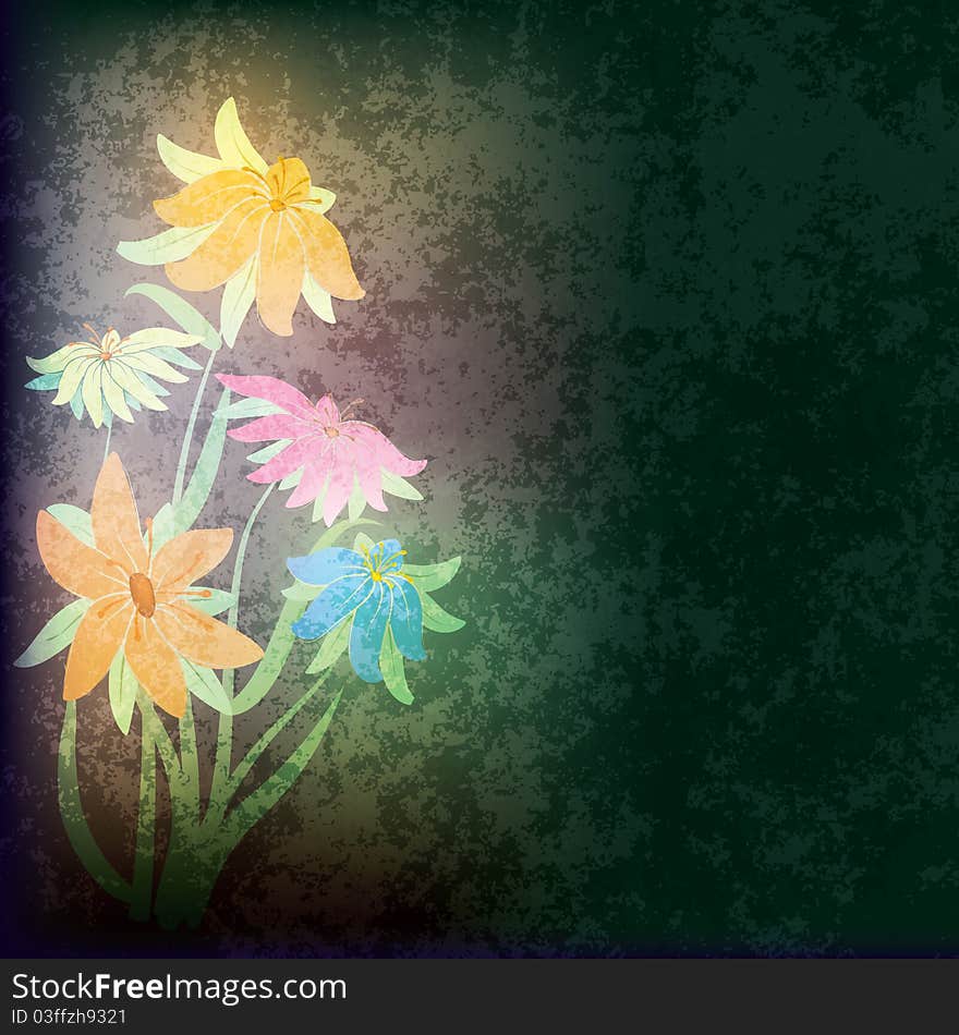 Abstract grunge composition with flowers on dark background