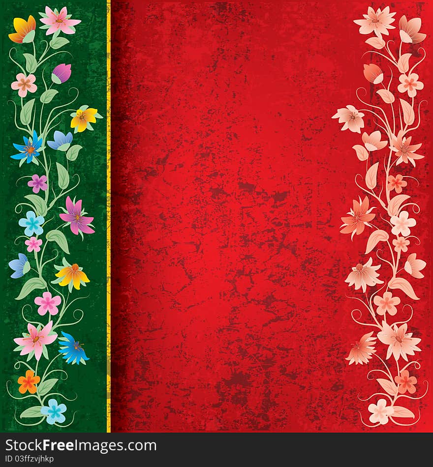 Abstract red grunge background with flowers on green. Abstract red grunge background with flowers on green