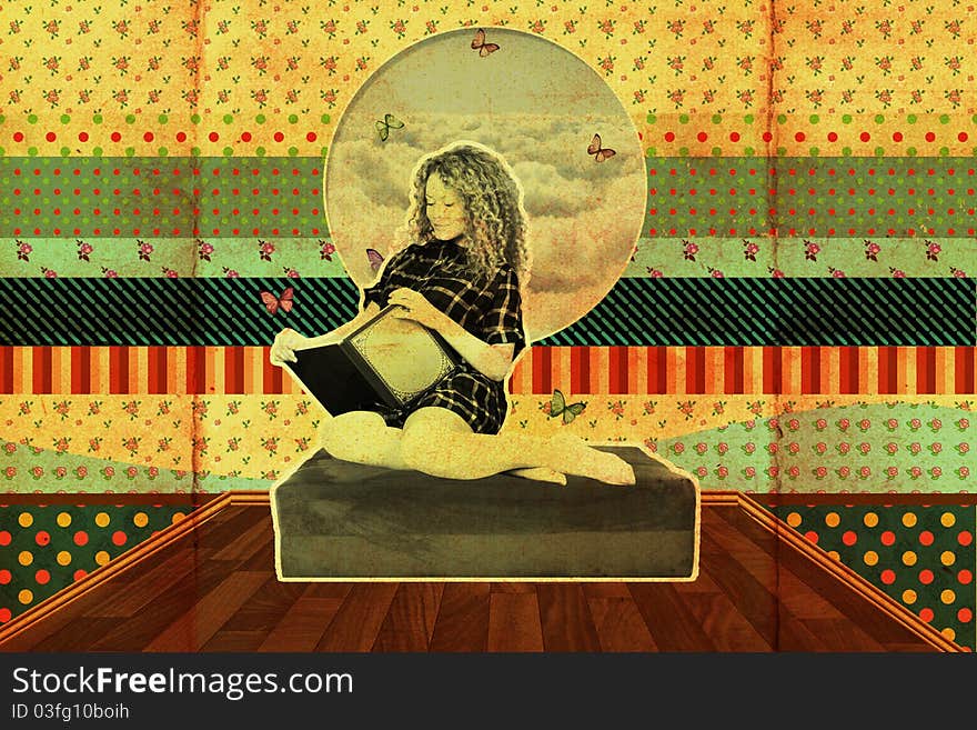 Beauty woman in fairy room with book