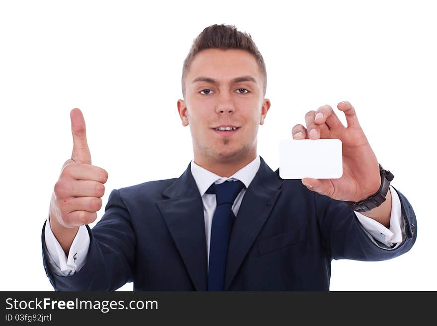 Business man showing a blank business card and giving the ok