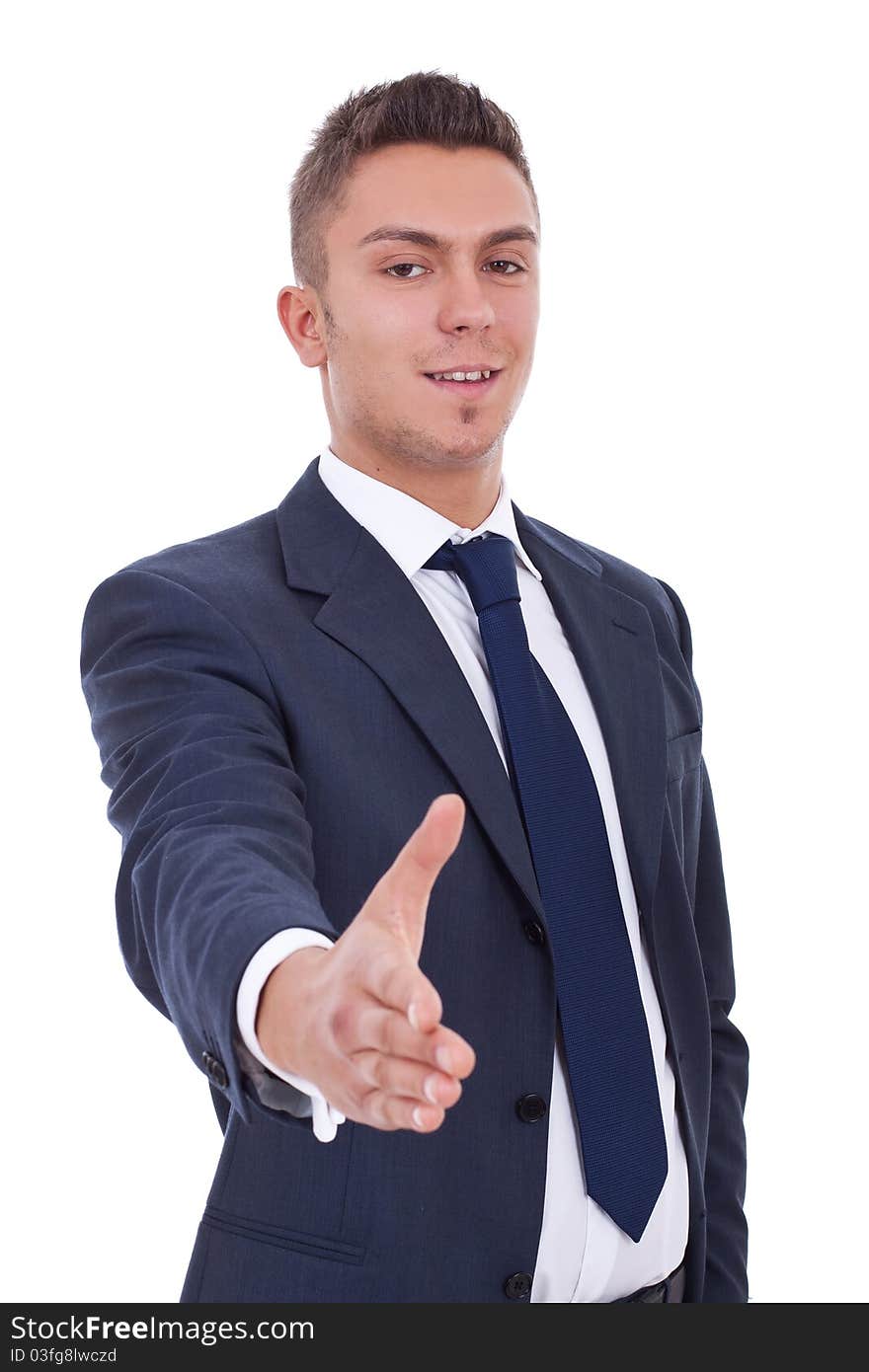 Young successful businessman waiting for handshake, isolated on white