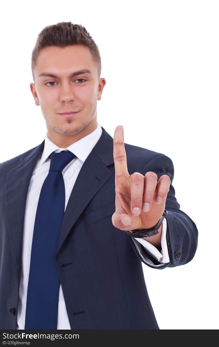 Picture of a business man pressing an imaginary button over white