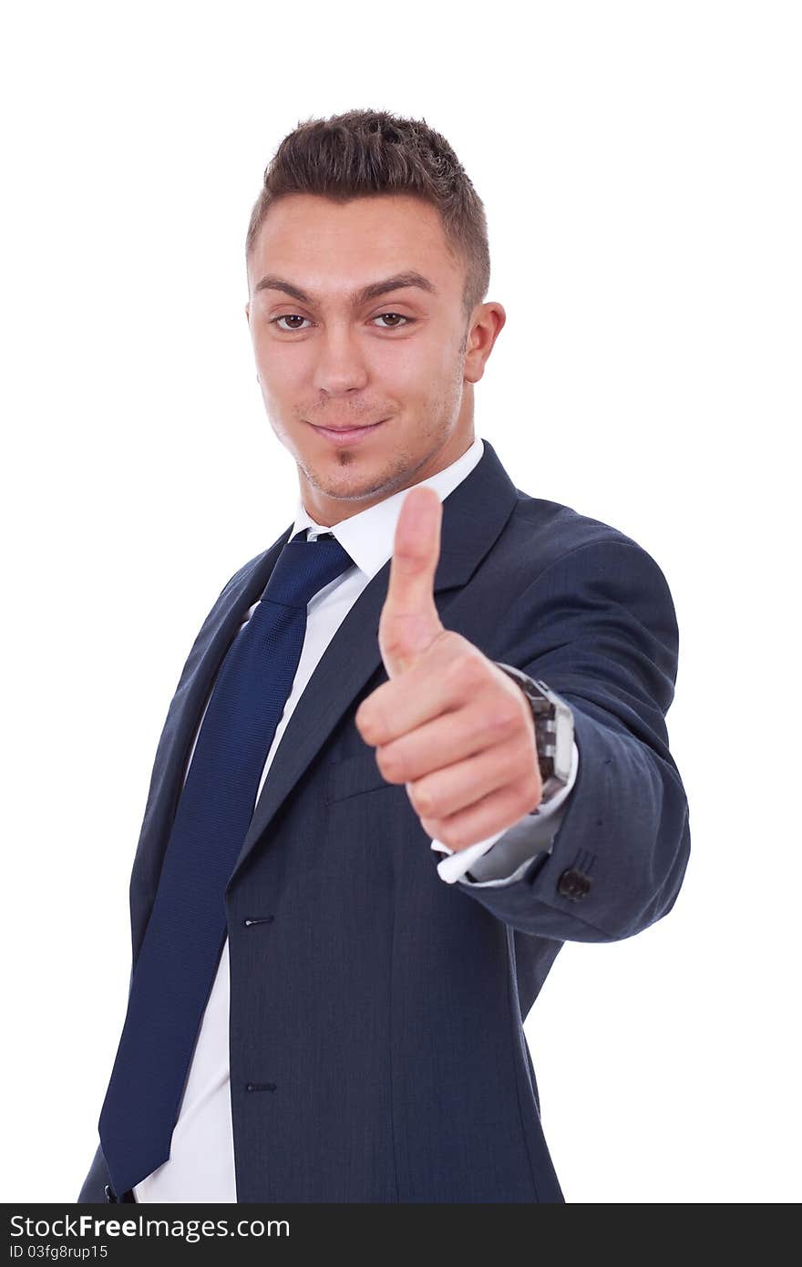 Happy businessman with thumbs up gesture, isolated on white