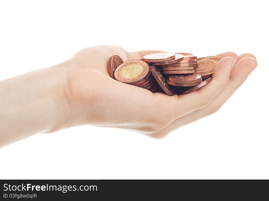 Hand holding heap of coins. Hand holding heap of coins.